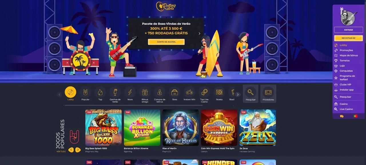 Página inicial do Rolling Slots em português com o pacote de boas-vindas de verão