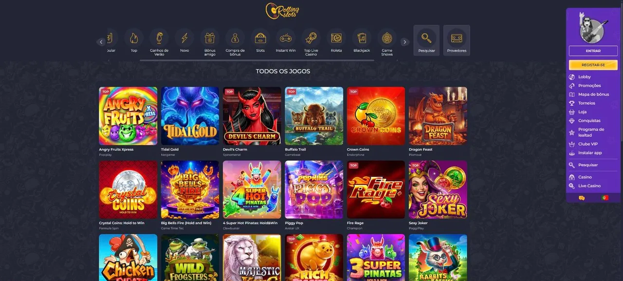 Catálogo de jogos do Rolling Slots com slots de vários fornecedores